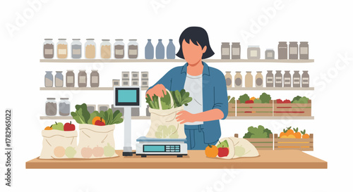 Woman Weighing Vegetables at Grocery Store.