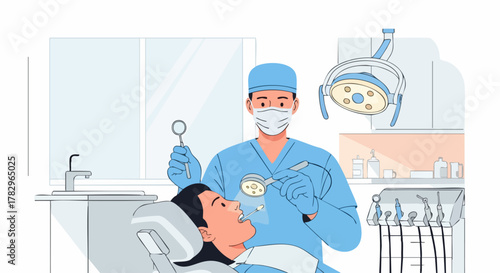 Dentist performing dental examination on patient in clinic.