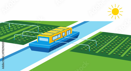 Automated irrigation boat on a canal for crop watering.