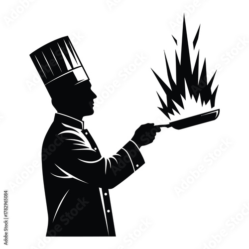 Silhouette of chef cooking with frying pan and flames illustration art