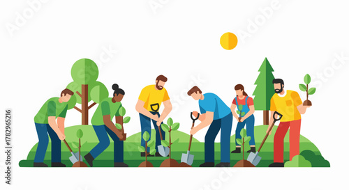 Diverse group of people planting trees together outdoors.