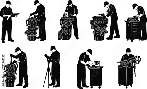 Mechanic silhouettes, engine repair poses, technician working tools, automotive maintenance, diagnostic inspection, mechanical engineering, workshop scene, tool cart illustration, gear work