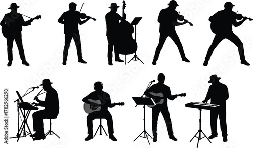Musician silhouette, guitar player, violinist pose, keyboard artist, microphone singer, music performance, black figure, live band, stage act, concert scene