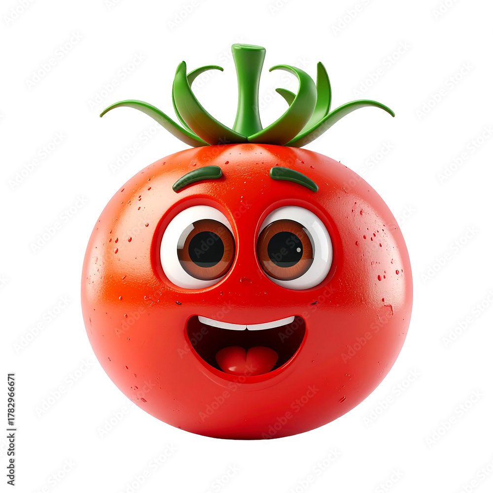 Obraz premium Cheerful Tomato Character: A vibrant and happy tomato character with expressive eyes and a delightful smile, showcasing the freshness and joy of nature's bounty.
