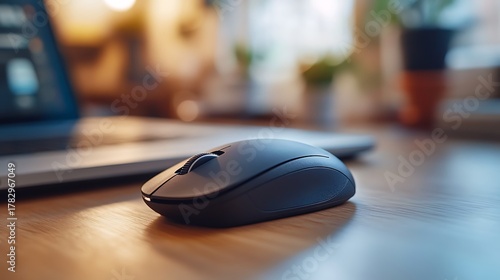 A close up of a black computer mouse on a wooden desk with a laptop and plants in the background