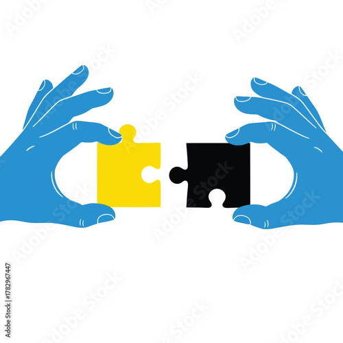 Conceptual illustration of two hands fitting together contrasting puzzle pieces, representing business solutions and collaboration