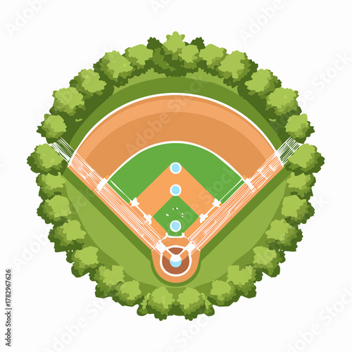 Aerial View of a Baseball Field Surrounded by Trees.