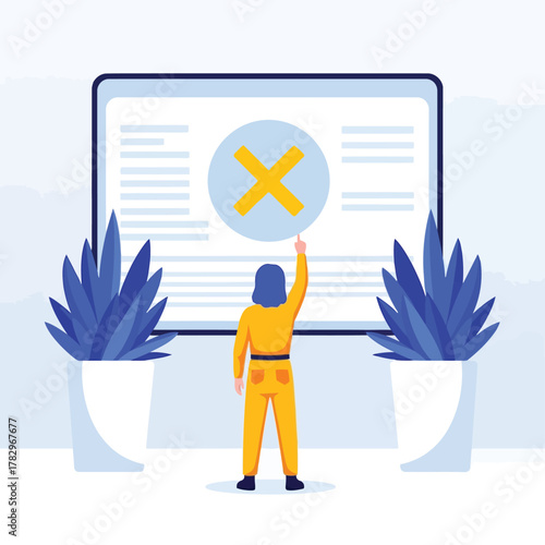 Digital error concept with a user pointing at a screen displaying a large 'X' mark, representing rejection, failure, or a critical online problem