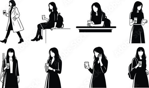 Woman drinking coffee, casual lifestyle poses, black and white illustration, fashion outfit, tea cup moments, vector character design, relaxed mood