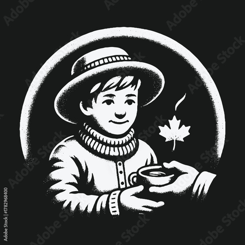 Boy with hat and cup of tea in a circle.