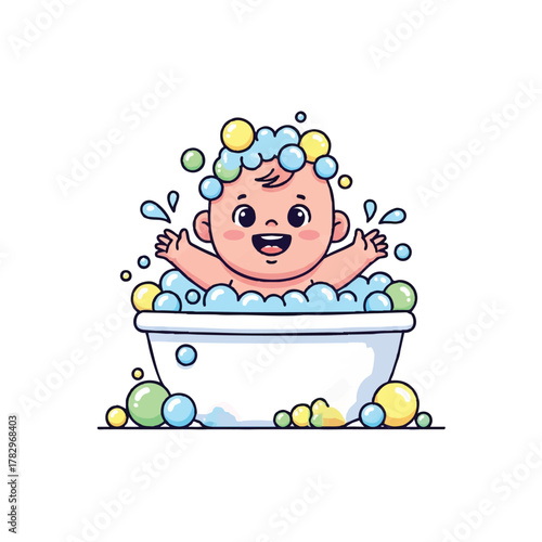 baby sitting in a small bathtub full of bubbles, smiling and splashing water