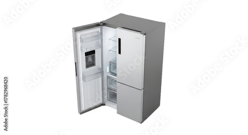 Modern stainless steel refrigerator with open doors on transparent background
