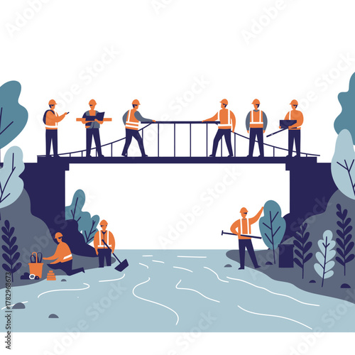 Bridge builders survey the river