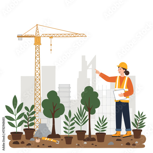 Construction manager inspects urban reforestation project