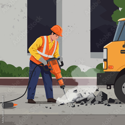 Construction worker demolishing pavement with jackhammer