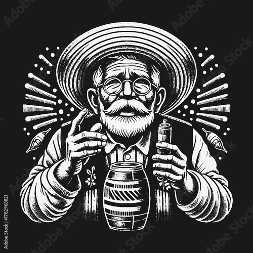 Artistic Portrait of a Bearded Man with a Barrel and Hat.