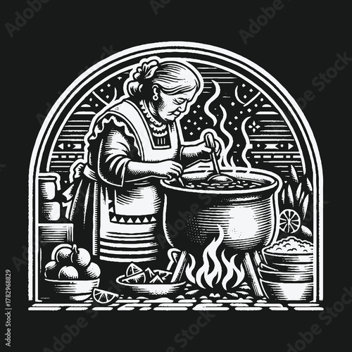 Grandmother Cooking Stew Over Fire in Kitchen.