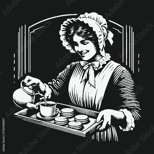 Elegant Lady Serving Tea in a Classic Vintage Setting.