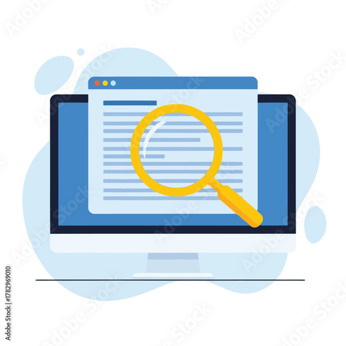 Web content search and analysis concept. Magnifying glass on screen illustrates online research, information retrieval, and digital optimization