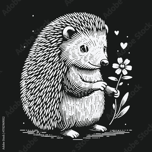 Charming Hedgehog Holding Flower with Hearts and Love.