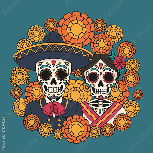 Day of the Dead Sugar Skulls Couple with Marigolds. Traditional Mexican Holiday Illustration.