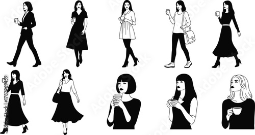 Women drinking coffee, stylish female poses, fashion illustration, casual and formal outfits, walking and standing, black and white sketch, elegance