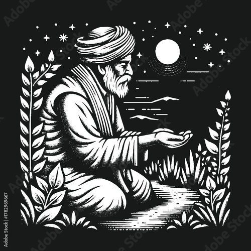 Contemplative Figure Under Moonlight and Stars.