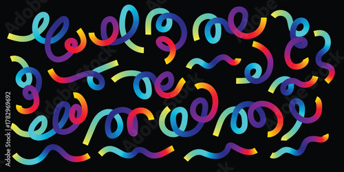 Vibrant neon swirls and wavy lines dance across a dark background in a psychedelic abstract design