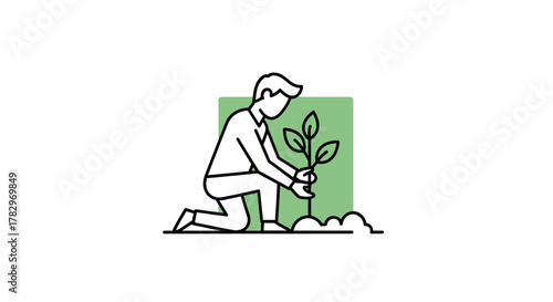 Reforestation and Nature Conservation Simple Line Art Vector Illustration
