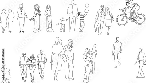Diverse set of outline human figures, including business people, couples, traditional Asian attire, families, and a cyclist, for architectural rendering.