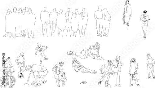 Set of thin outline human figures in various poses and activities, including business people, casual groups, and recreation, for architectural drawing.