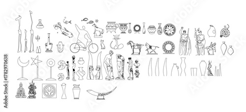 Eclectic collection of outline icons featuring classical Greek statues, abstract figures, vases, ancient artifacts, and various art objects.