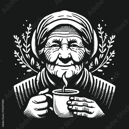 Elderly Woman Enjoying Coffee: A Warm and Cozy Illustration.
