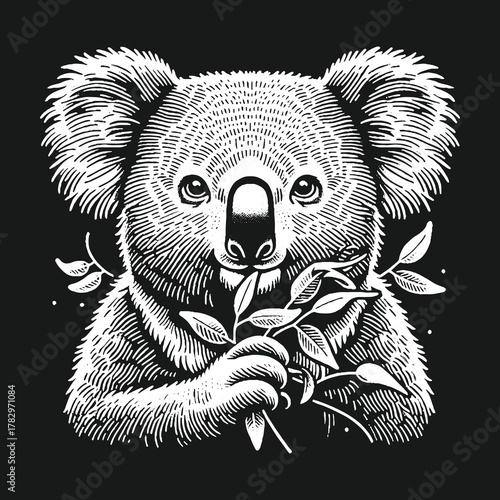 Koala Bear Portrait with Eucalyptus Branches in Black and White.