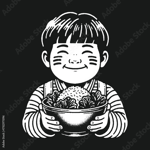 Happy child holding bowl of food monochrome illustration.