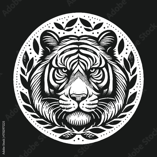 Tiger face in a circle black and white illustration detailed art.