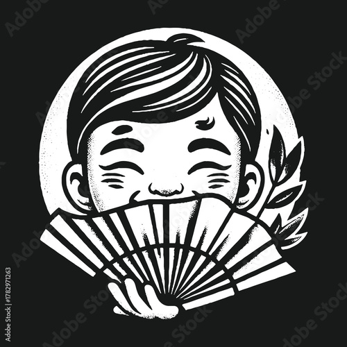 Smiling face holding a fan black and white illustration.