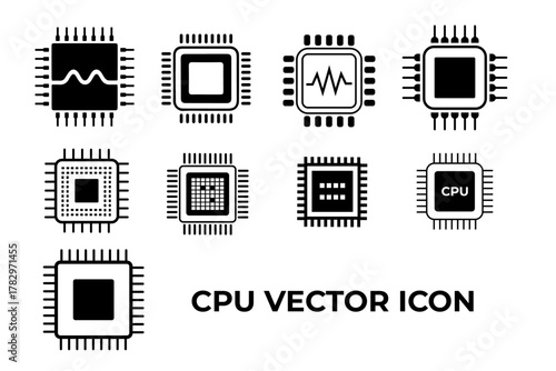 Vector Black CPU and Microchip Icons Set. Electronic Processor Symbols Isolated on White Background | Stock Vector