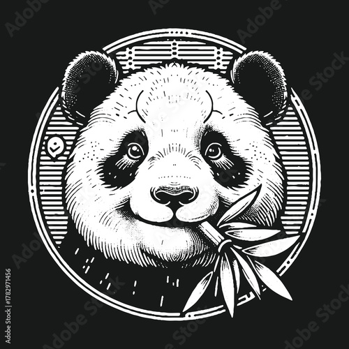 Panda Bear Portrait with Bamboo in Black and White.