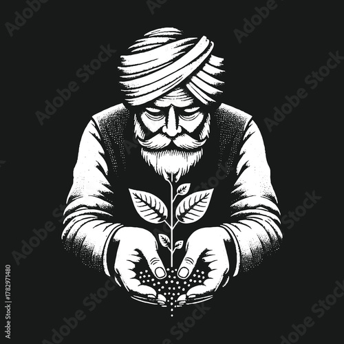 Elderly Man Nurturing Plant Symbolizing Growth and Nature.