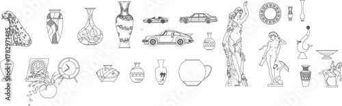 Diverse outline collection featuring decorative vases, classic cars, artistic sculptures (statues), and various vintage household objects.