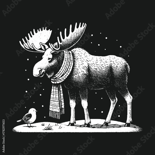 Moose in Winter Wonderland with Bird and Scarf.