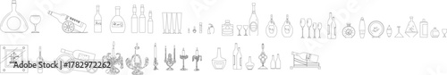 A large set of thin line icons featuring various vintage and modern alcohol and beverage bottles, decanters, glasses, and drinking vessels.