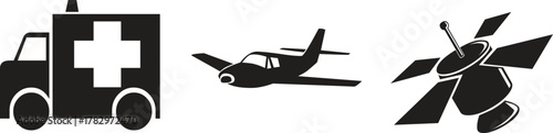 Ambulance airplane and satellite icons on white background