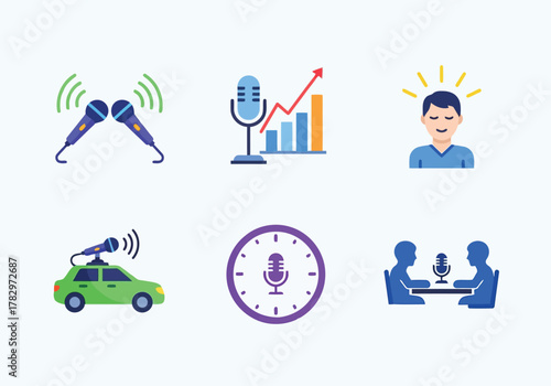 Audio Recording and Broadcasting Icons Microphones, Podcast, and Live Streaming Concepts for Digital Media Creation