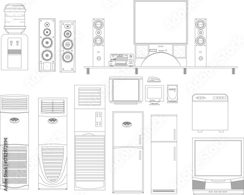 Line art vector set of various home appliances and electronics: TV, stereo, speakers, water dispenser, washing machine, refrigerator, and AC.