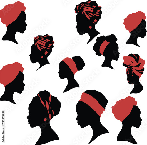 Diverse African women silhouettes wearing red headwraps and headscarves kwanzaa african culture headscarf