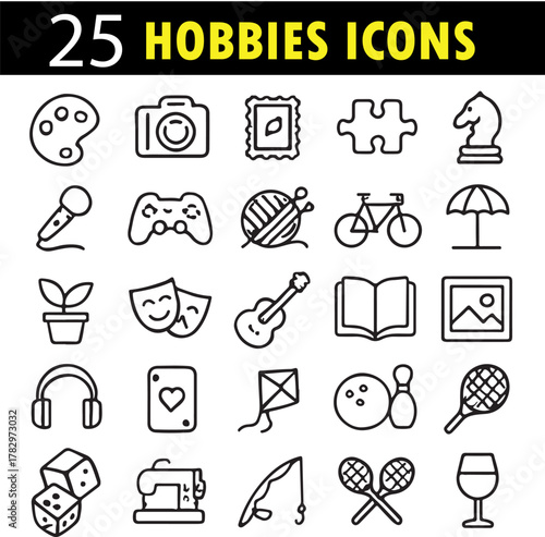 Hobbies vector set, leisure outline icons, creative activities line art collection, lifestyle minimal illustrations, entertainment symbols bundle, pastime concept design pack
