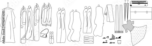 Line art vector set of clothing, garments, and accessories, including coats, scarves, shoes, and a briefcase, in elevation view.
