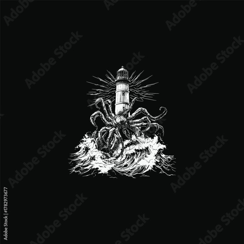 engraving-style vector illustration featuring a monstrous tarantula integrated with a coastal lighthouse
